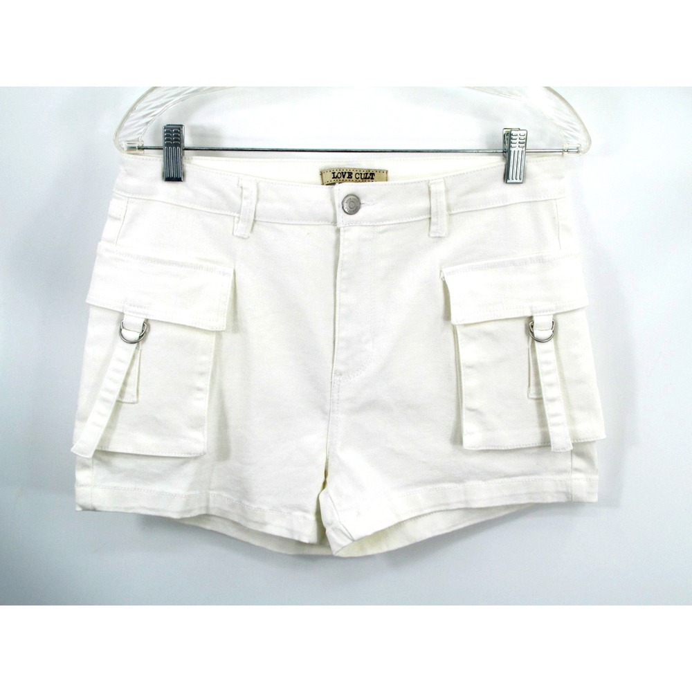 LOVE CULT White Cargo Shorts Womens Large Mid Rise Stretch Denim Hiking Outdoor